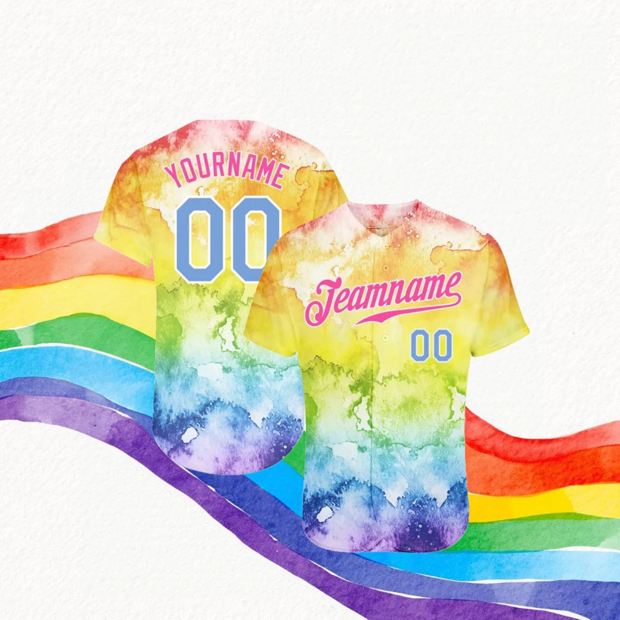 Custom Tie Dye Light Blue-Pink 3D Rainbow Baseball Jersey