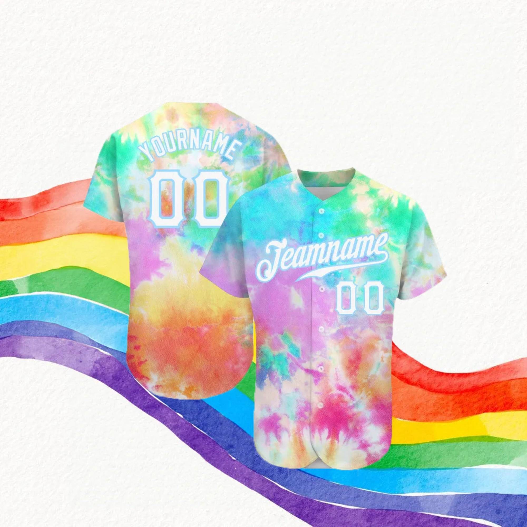 Custom Tie Dye White-Light Blue Rainbow Baseball Jersey