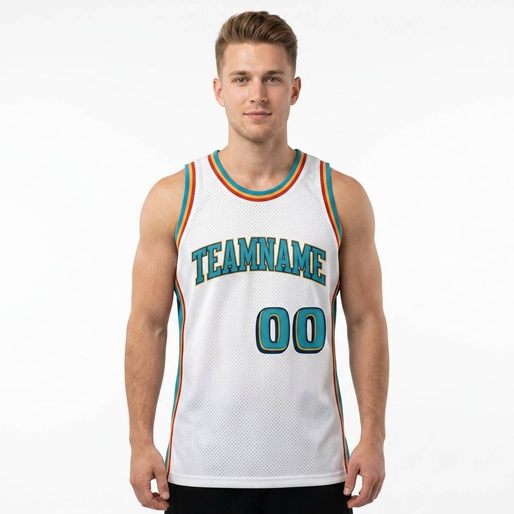 Custom White & Aqua/Yellow Basketball Classic Jersey