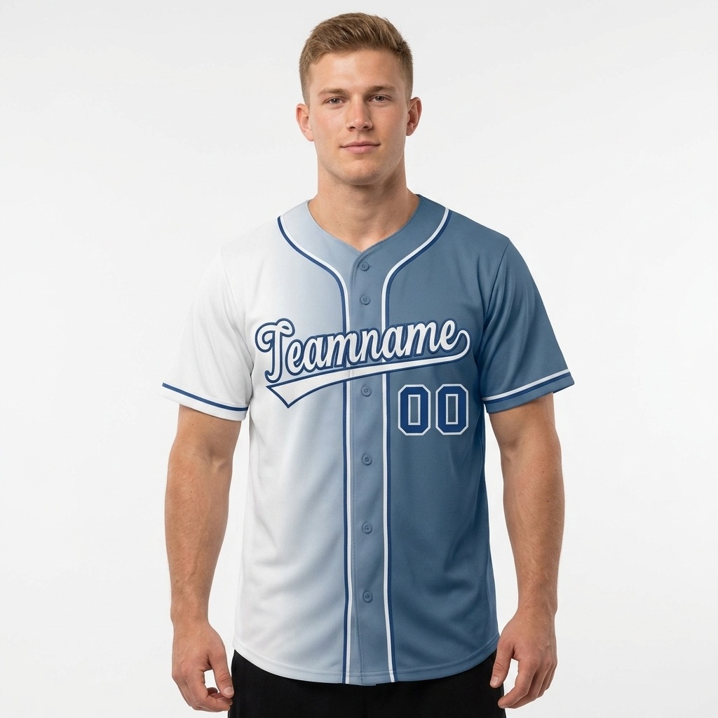 Custom White & Blue Gradient Fashion Baseball Jersey