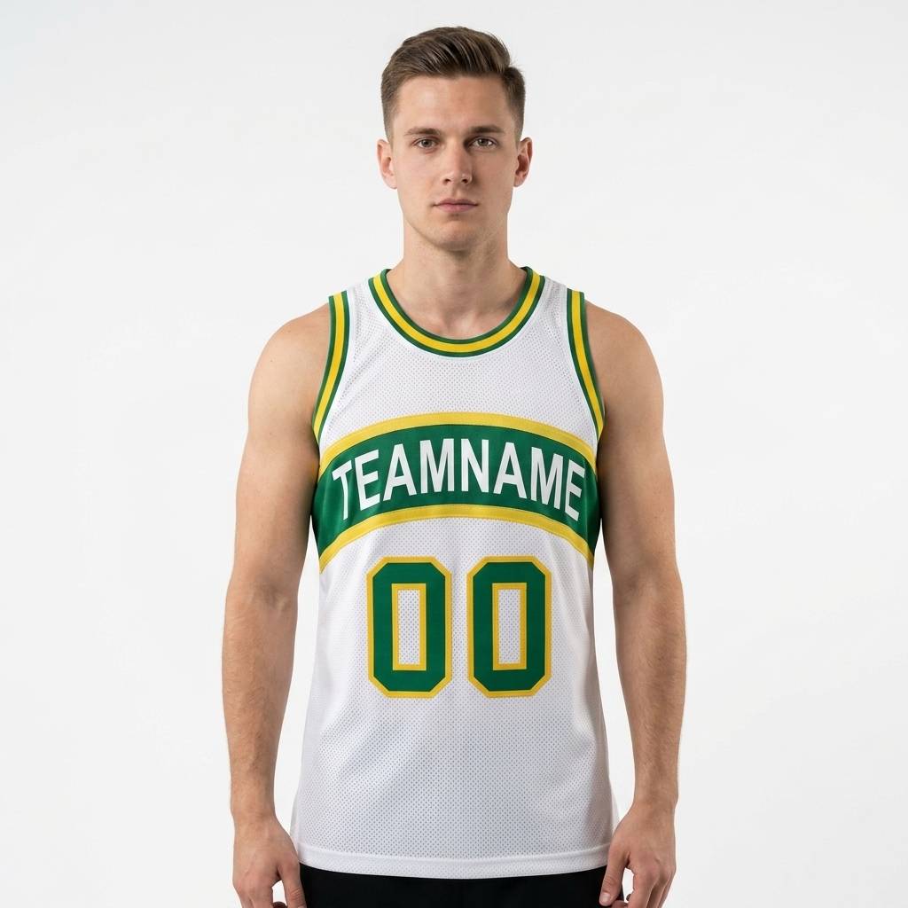 Custom White & Green/Yellow Basketball Classic Jersey