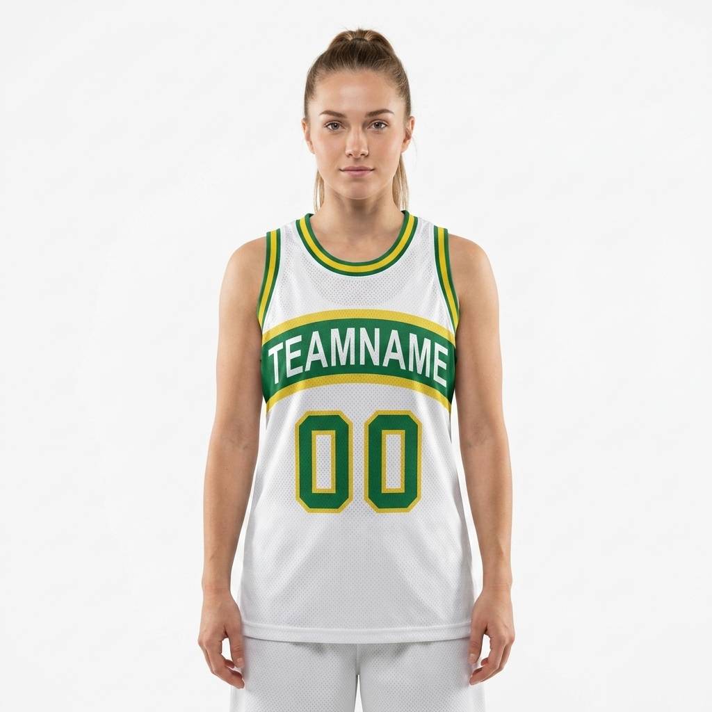 Custom White & Green/Yellow Basketball Classic Jersey