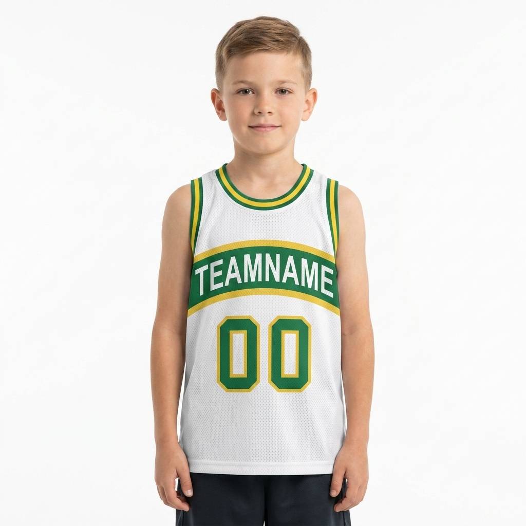 Custom White & Green/Yellow Basketball Classic Jersey