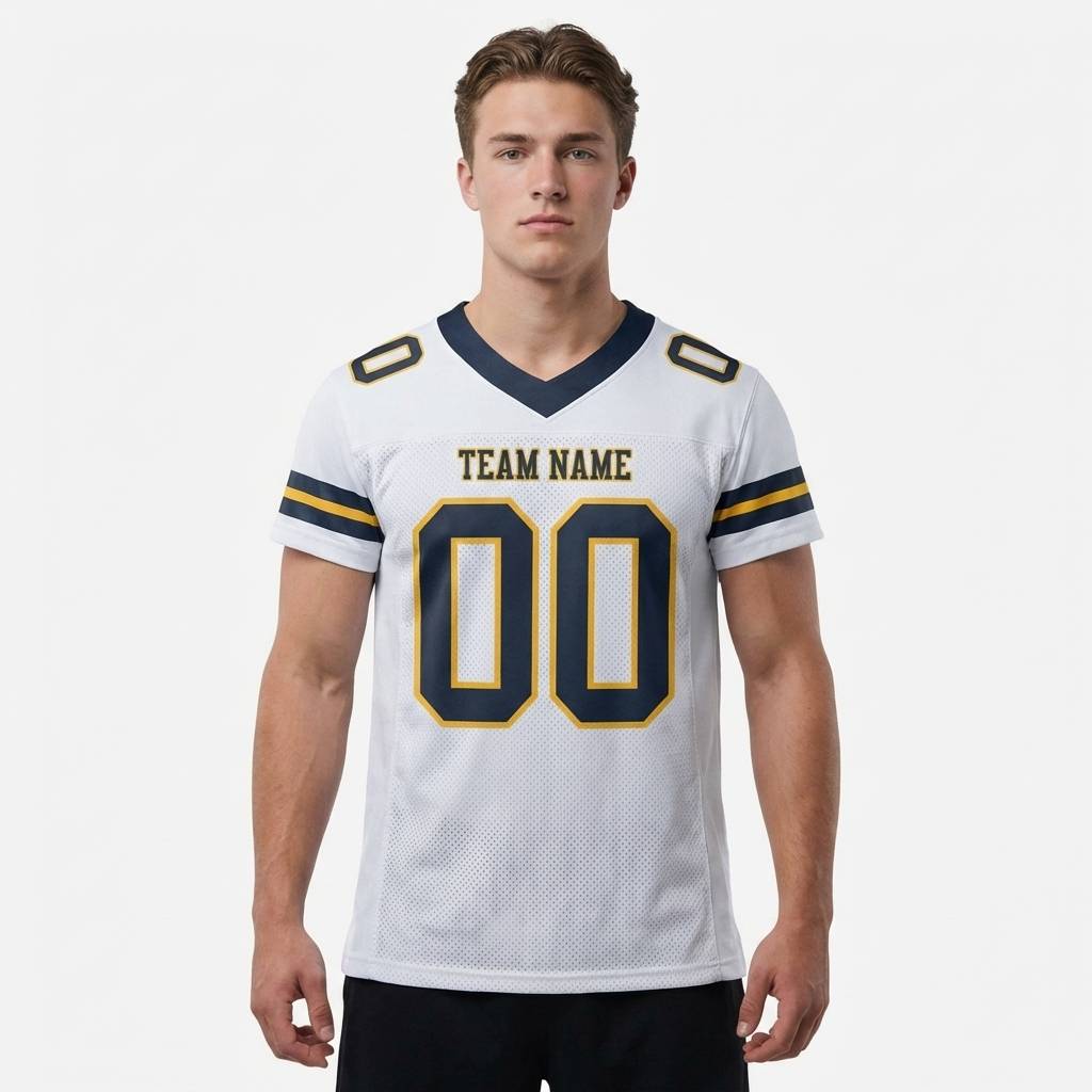 Custom White & Navy Gold Stripe Football Jersey