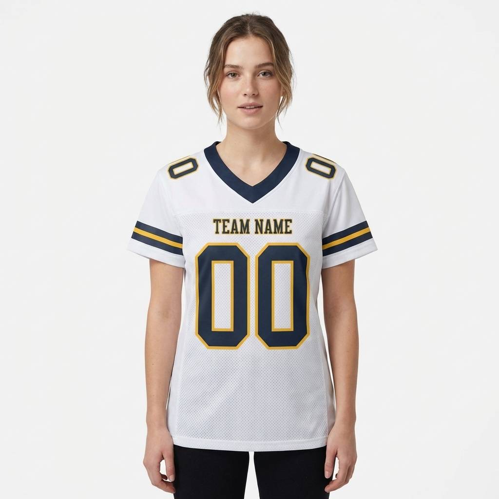 Custom White & Navy Gold Stripe Football Jersey