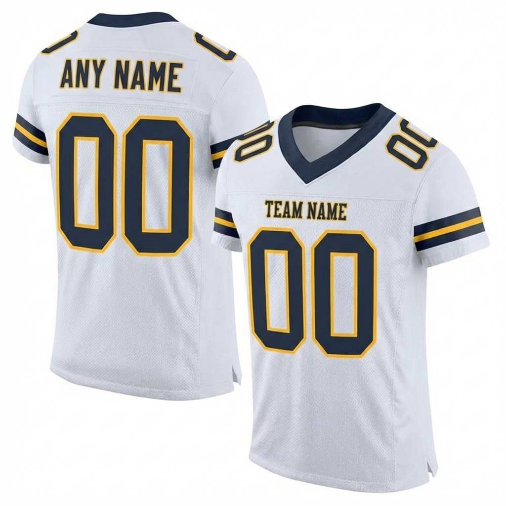 Custom White & Navy Gold Stripe Football Jersey