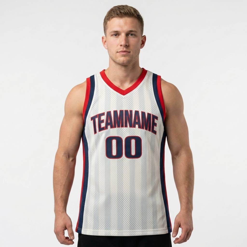 Custom White & Navy/Red Basketball Classic Jersey