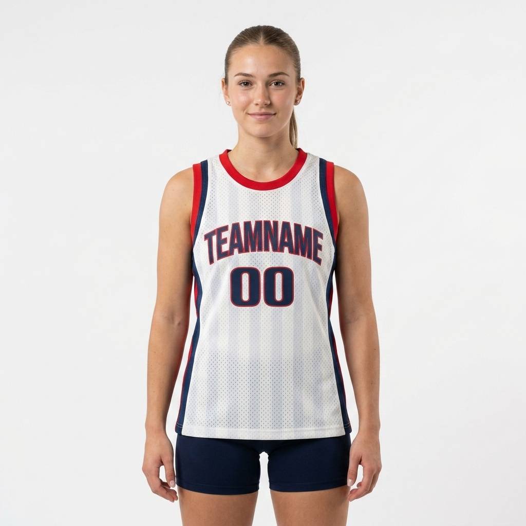 Custom White & Navy/Red Basketball Classic Jersey
