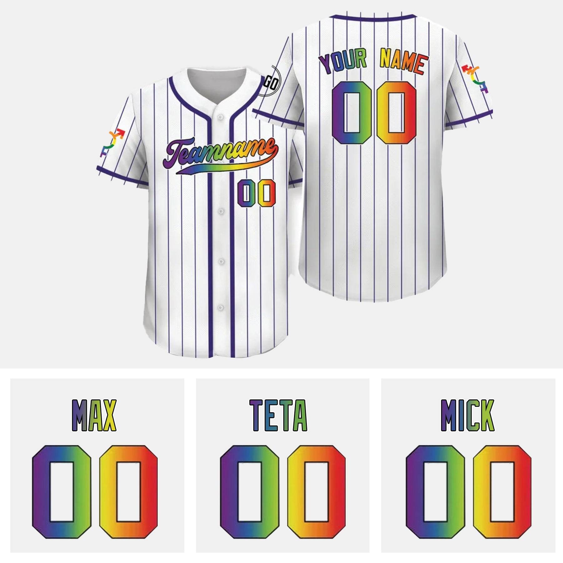 Dripnovawear.com LGBT Custom White Royal Pinstripe Rainbow Baseball Jersey
