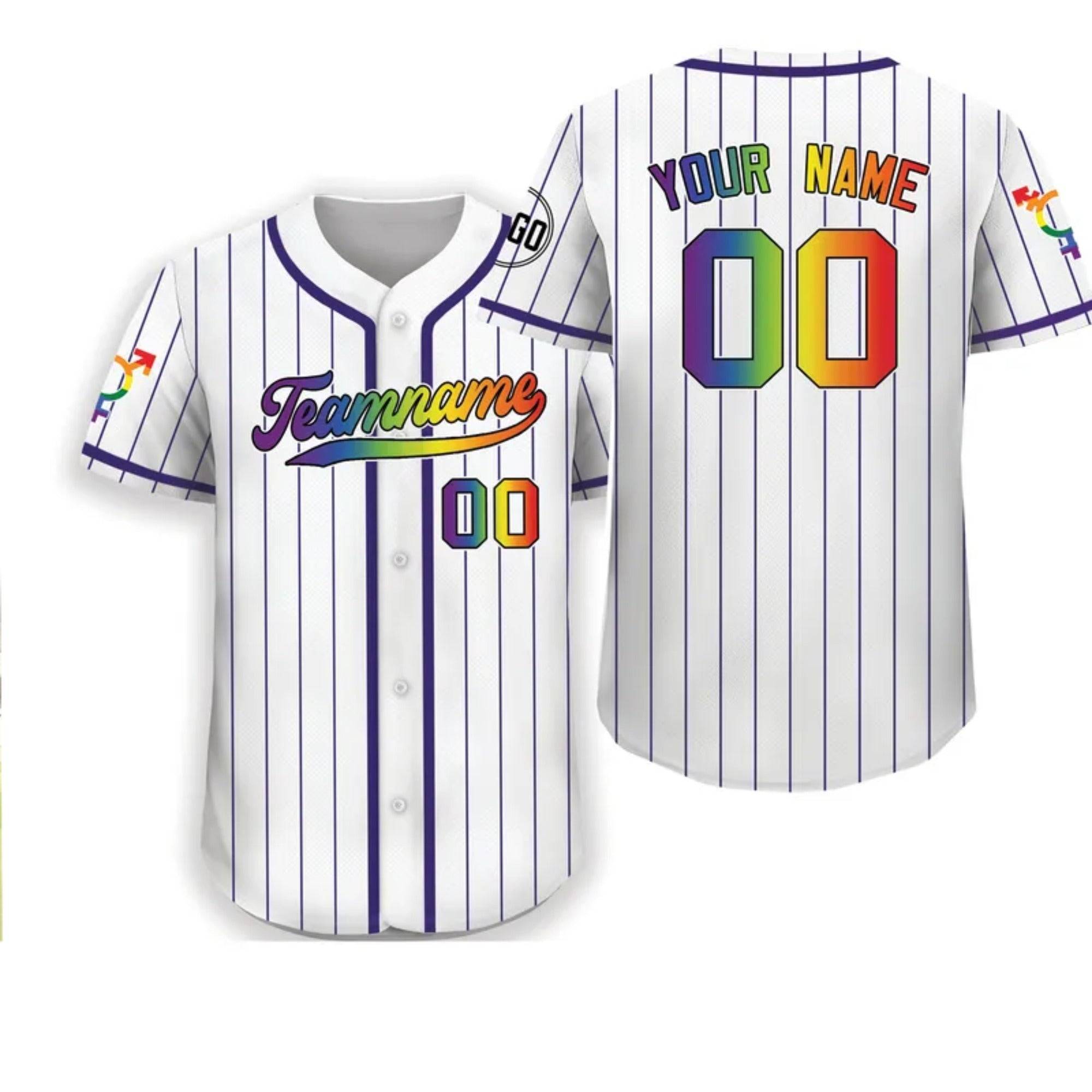 Dripnovawear.com LGBT Custom White Royal Pinstripe Rainbow Baseball Jersey
