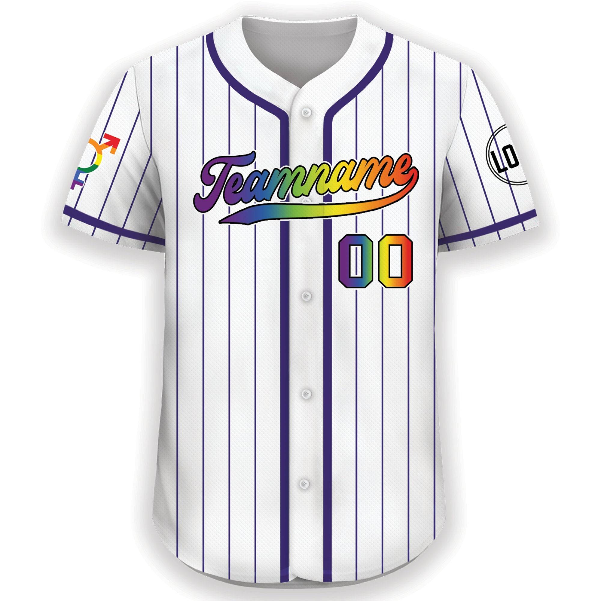 Dripnovawear.com LGBT Custom White Royal Pinstripe Rainbow Baseball Jersey