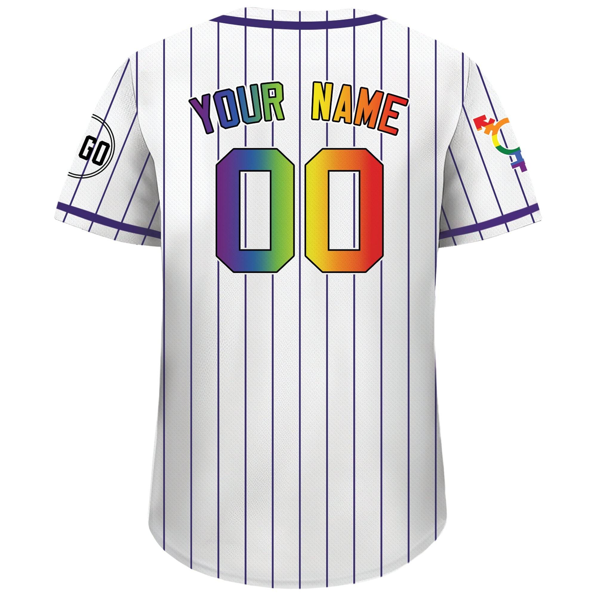 Dripnovawear.com LGBT Custom White Royal Pinstripe Rainbow Baseball Jersey
