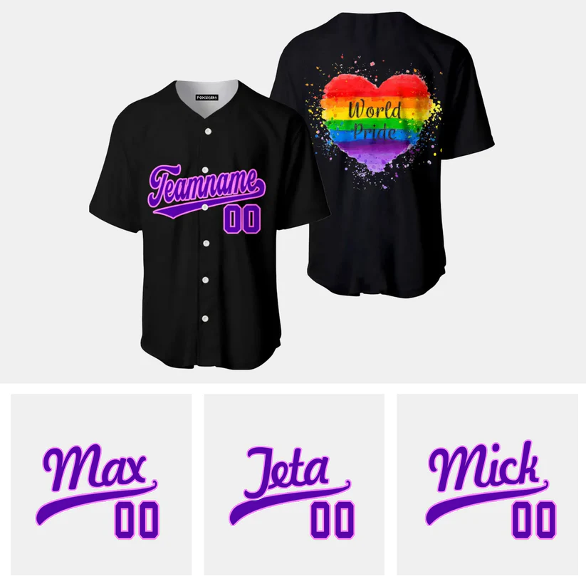 Custom World LGBT Pride Rainbow Heart Purple Pink Baseball Jersey