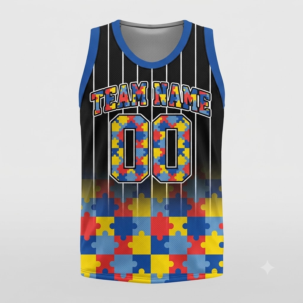 Personalized Name Number Puzzle Bow Autism Black Basketball Jersey