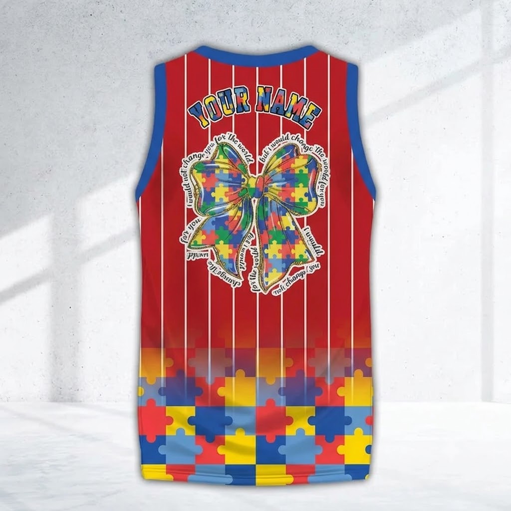Personalized Name Number Puzzle Bow Autism Red Basketball Jersey