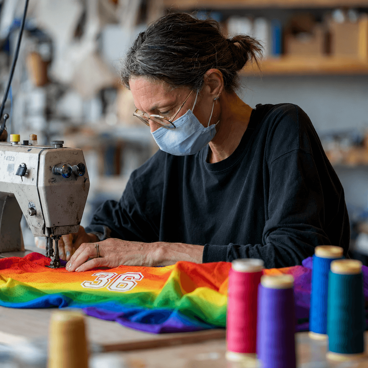 Handcrafted rainbow pride jersey with embroidered number 36 being sewn by an experienced tailor in a clothing workshop, LGBTQ pride apparel production process.