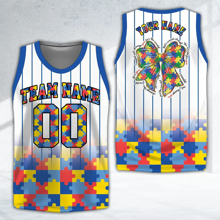Personalized Name Number Puzzle Bow Autism White Basketball Jersey