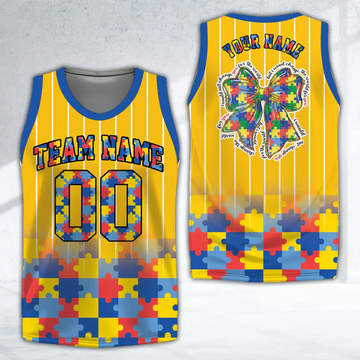 Personalized Name Number Puzzle Bow Autism Yellow Basketball Jersey