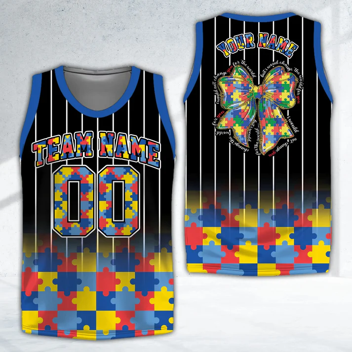 Personalized Name Number Puzzle Bow Autism Black Basketball Jersey