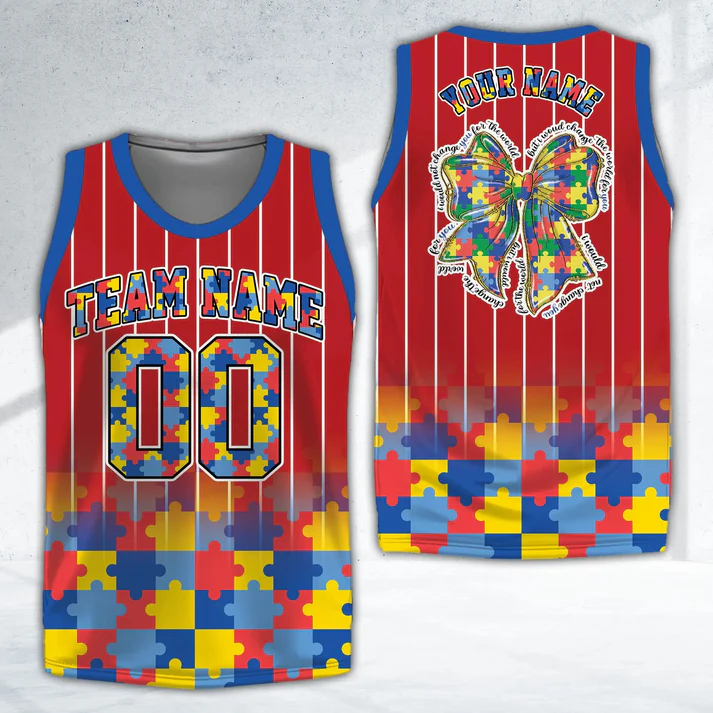 Personalized Name Number Puzzle Bow Autism Red Basketball Jersey