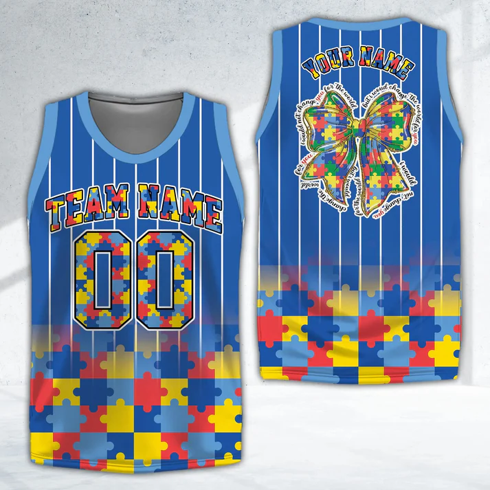 Personalized Name Number Puzzle Bow Autism Blue Basketball Jersey
