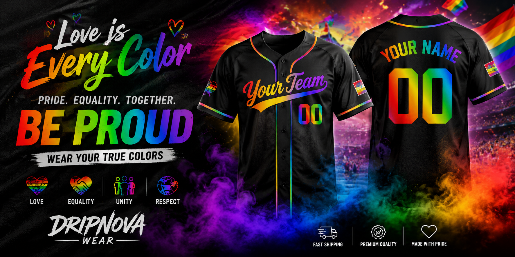 {"default":"DripNovaWear LGBTQ+ pride baseball jersey streetwear banner featuring rainbow color design, custom team uniforms, urban fashion style, inclusive sports apparel"}
