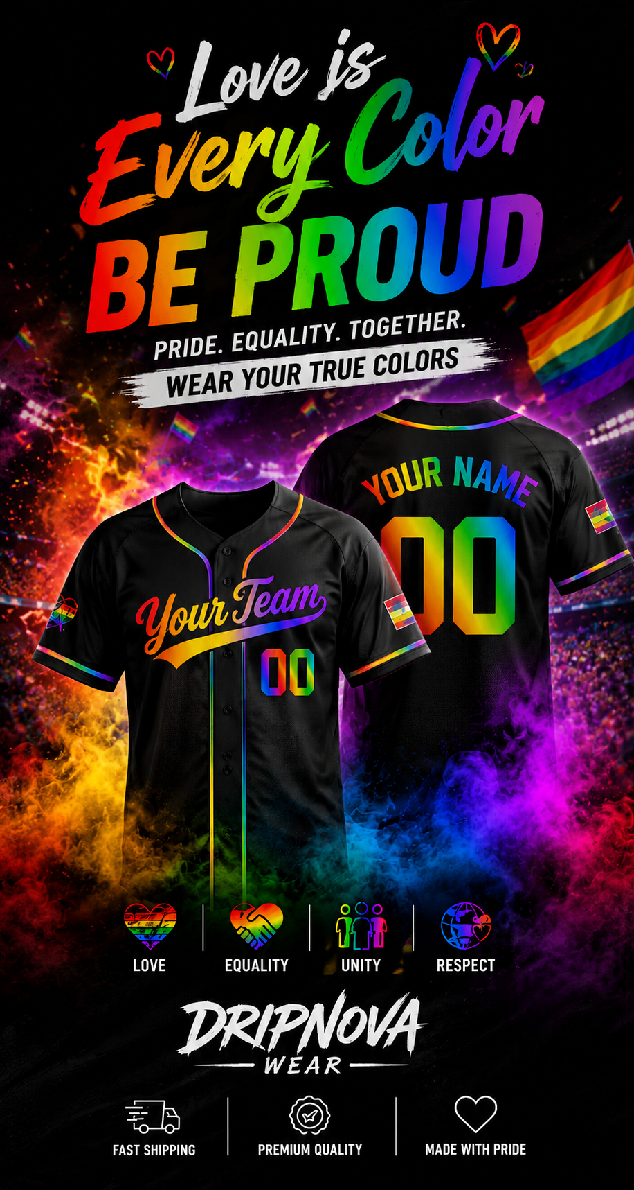 {"default":"DripNovaWear LGBTQ+ pride matching baseball jerseys for game day, rainbow gradient streetwear uniforms, couple and team outfit customization, modern sports fashion banner"}
