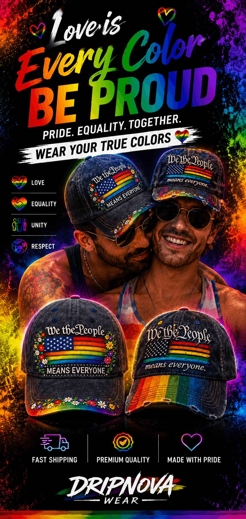 We the People Means Everyone LGBTQ Pride Hat – Vintage Denim Rainbow Flag Baseball Cap, Inclusive Pride Apparel Gift for Gay, Lesbian, Queer and LGBTQ Community.