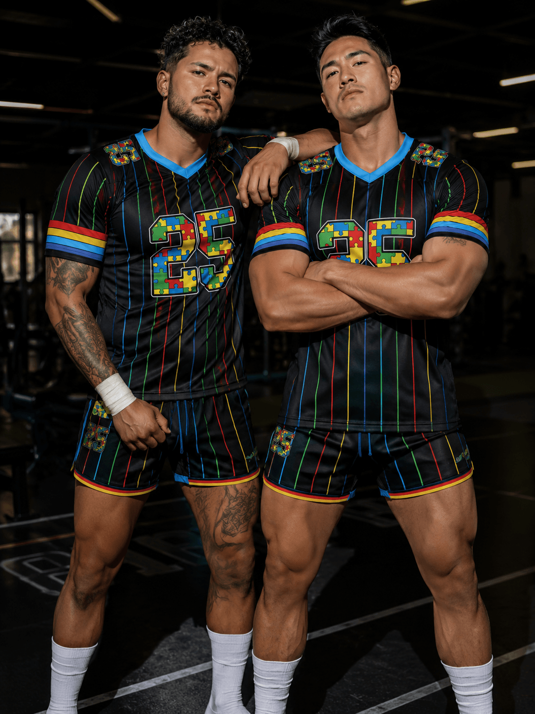 Two athletic men posing together, showcasing fitted black sportswear baseball jerseys with rainbow stripes.