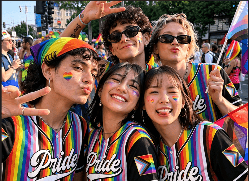 A large group of LGBTQ friends posing together at an outdoor summer pride festival in matching team jerseys.