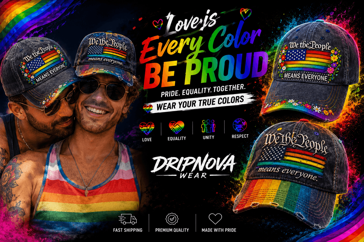 LGBTQ Pride denim baseball caps featuring rainbow American flag embroidery and “We the People Means Everyone” message, worn by a smiling gay couple, colorful Pride-themed promotional banner celebrating equality, unity and inclusion.