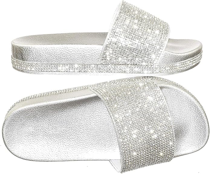 Forever Link Viste-07 Rhinestone Glitter Slide Slip On Flatform Footbed Sandal Slippers
