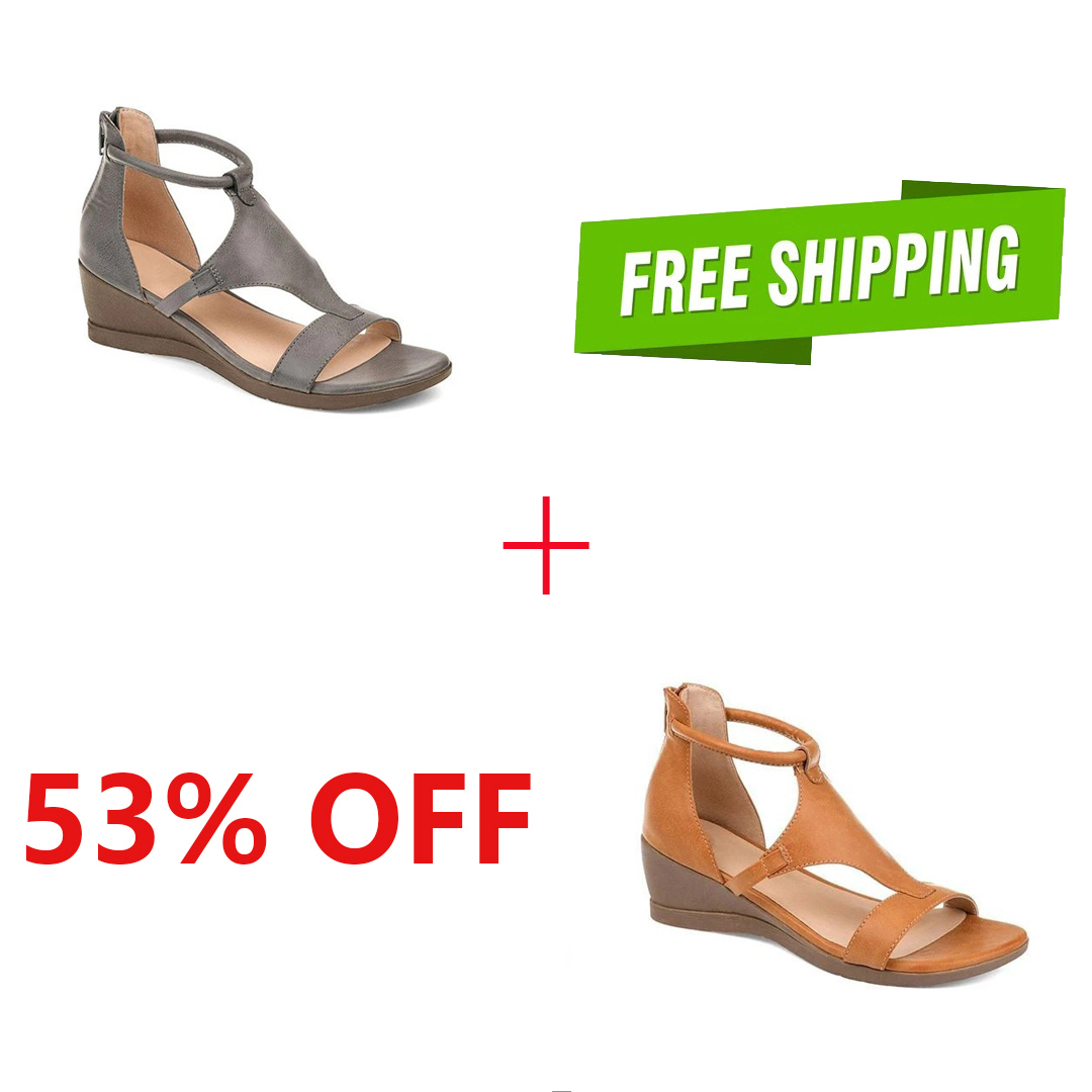 😍[May New]😍Womens Casual T-Strap Low Wedge Sandals Back Zipper Ankle Strap Shoes