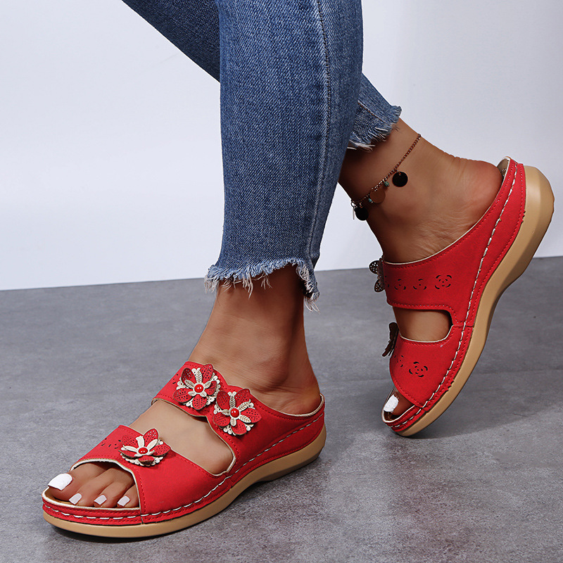 <Jun New>Women Comfortable Beach Shoes Hollow Flower Wedge Platform Roman Style Sandals