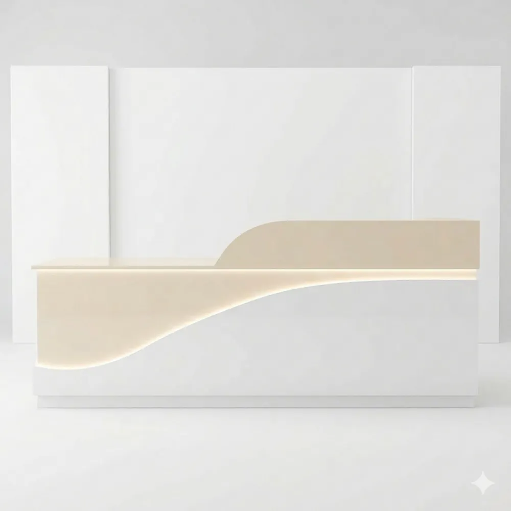 Empfangstheke mit L-Form und LED-Beleuchtung, abschließbare Schublade, 140 cm, Beige