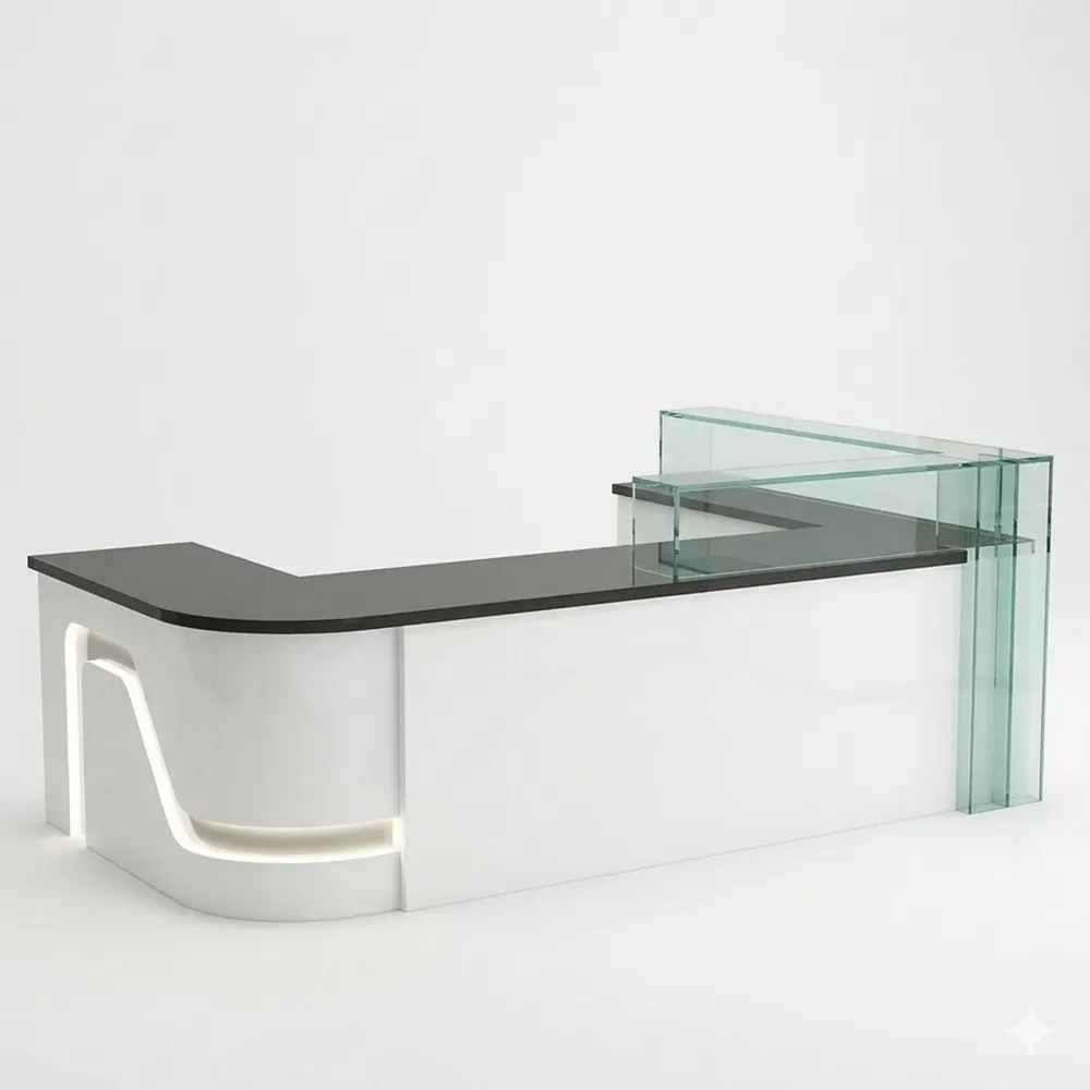 Holz-Empfangstheke mit Schublade und Schrank, 220x60x100cm, Weiß-Schwarz