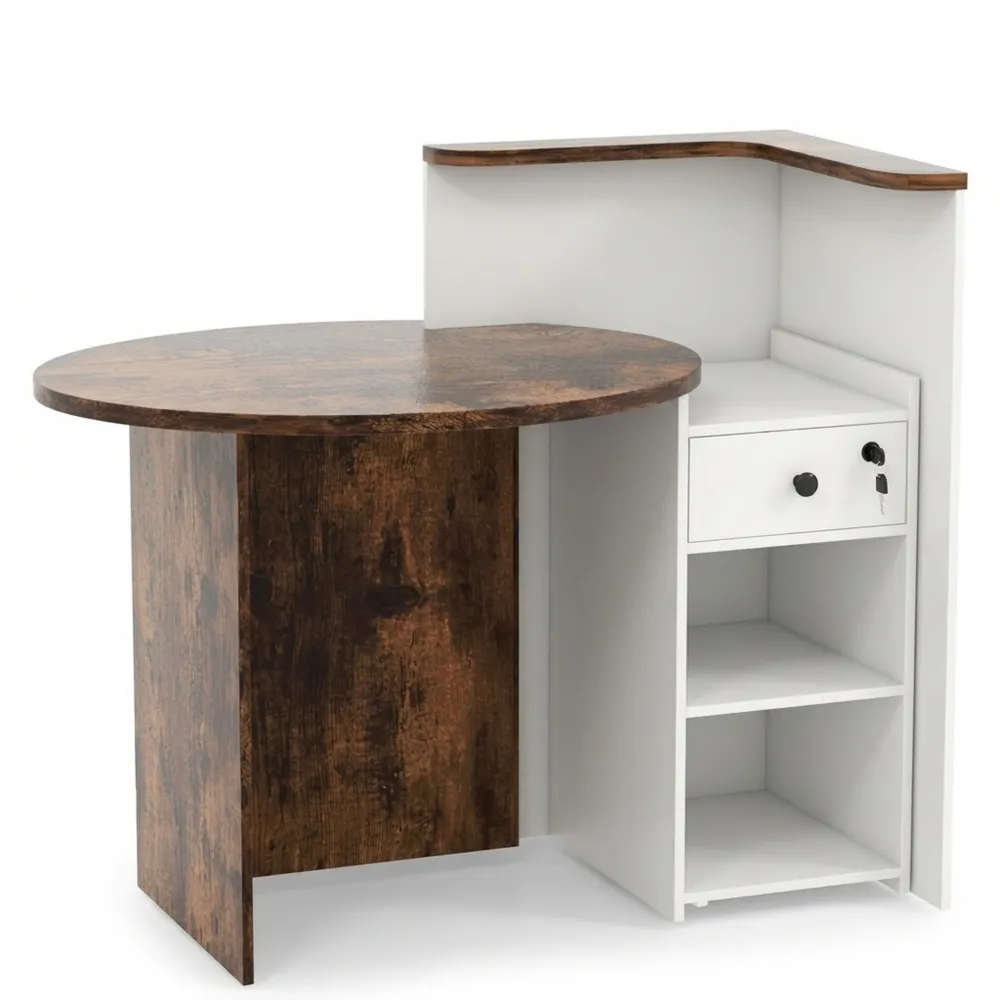 Moderner Empfangstresen mit Stauraum und verstellbarem Regal, ideal für Büro und Salon, in Weiß und Braun