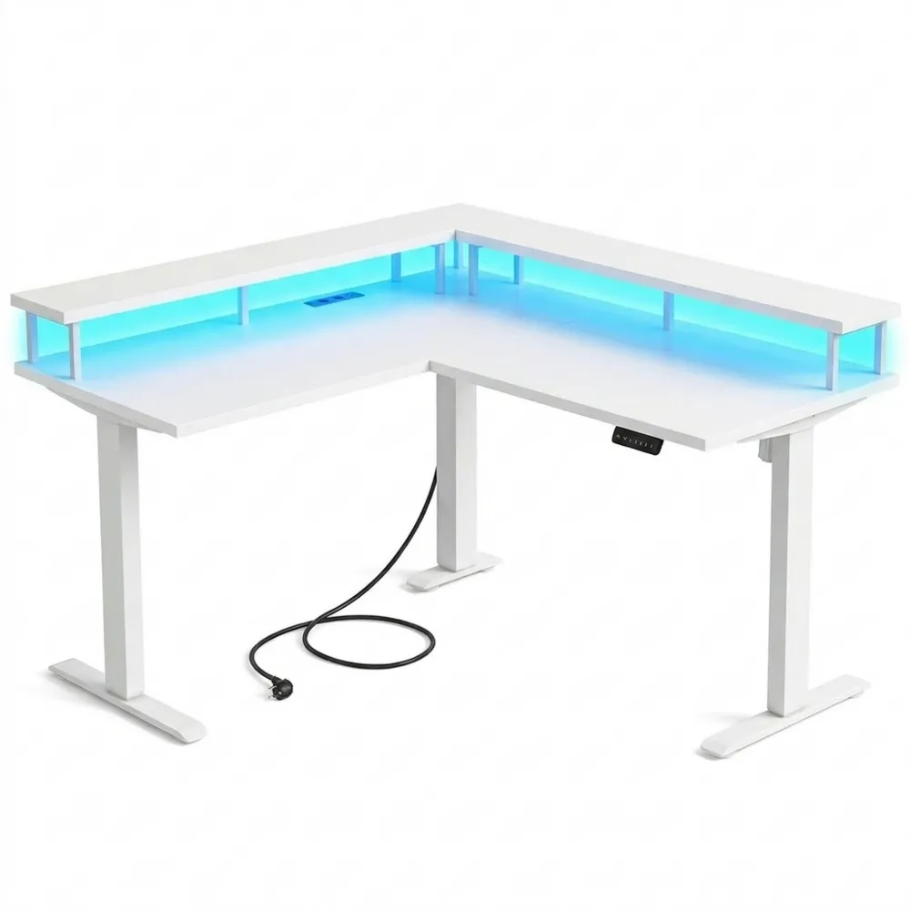 Elektrisch Höhenverstellbarer Eckschreibtisch mit LED-Beleuchtung und Monitorhalterung