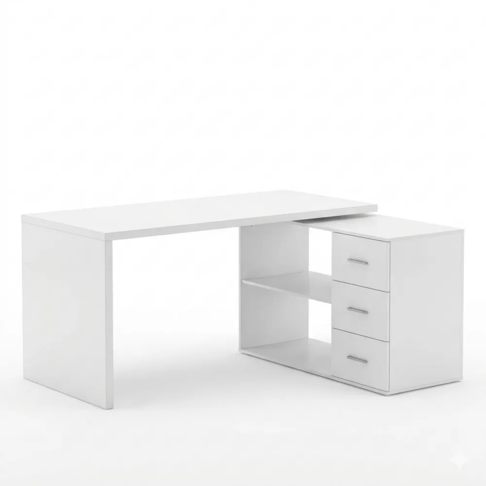 Eckschreibtisch L-Form mit Stauraum und Schubladen, Weiß, 140 cm