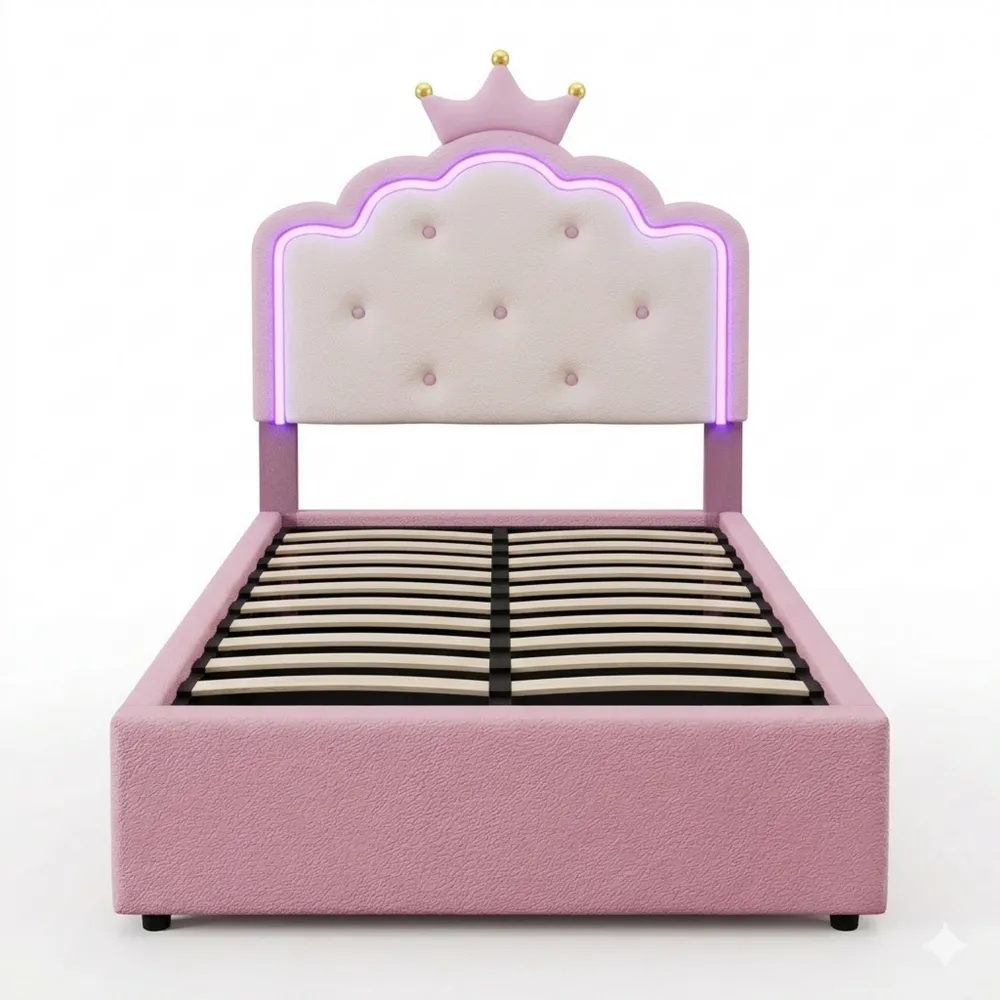 Einzelkinderbett mit LED-Streifen und Stauraum, Rosa