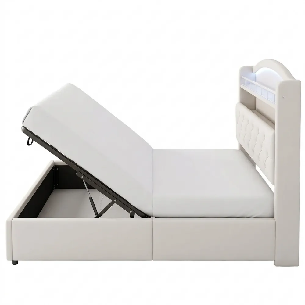 Multifunktionales Kinderbett mit LED und Stauraum, 90x200, Beige