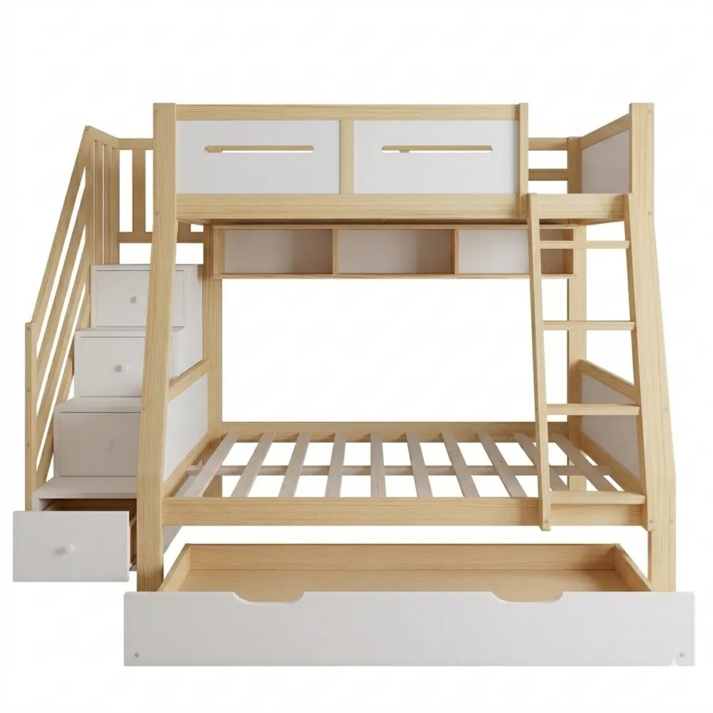 Hochbett für Kinder mit Schubladen und Trittleiter, sicherer Rundum-Schutz, Weiß und Natur