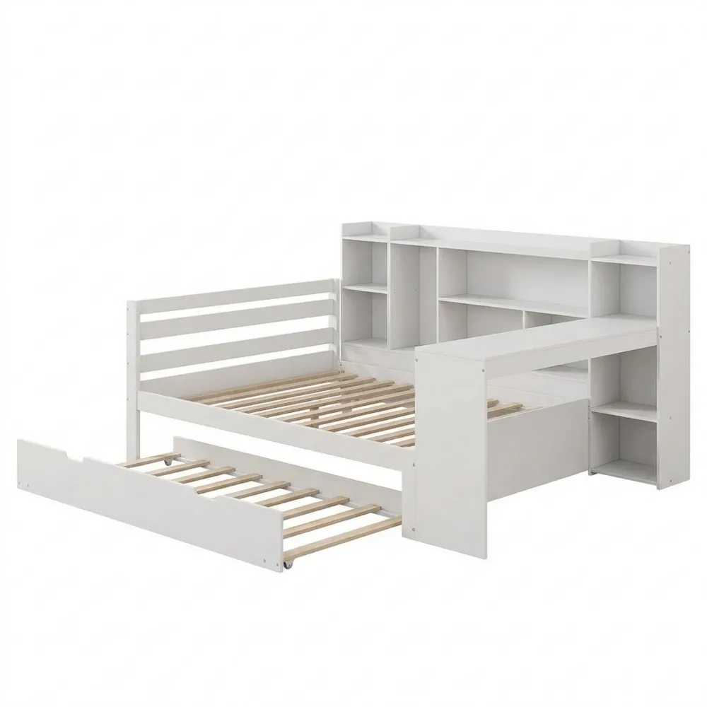 Multifunktionales Tagesbett mit Schreibtisch und Regal, 90x200 cm, Weiß