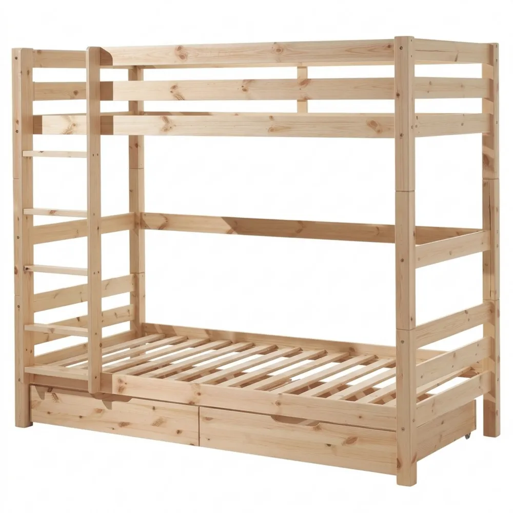 Hochbett aus Massivholz mit Schubladen und Lattenrost, 90x200cm, Beige