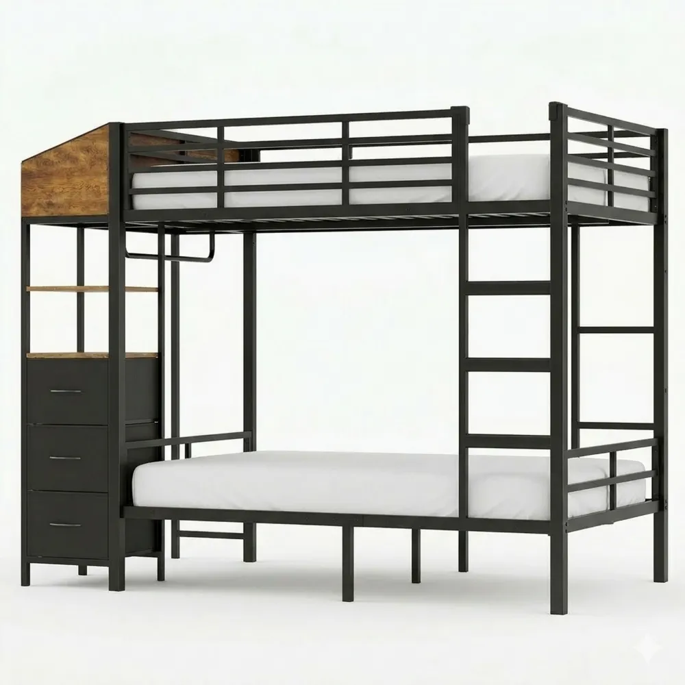 Platzsparendes Kinder-Etagenbett 90x200cm mit LED, Ladestation und Stauraum