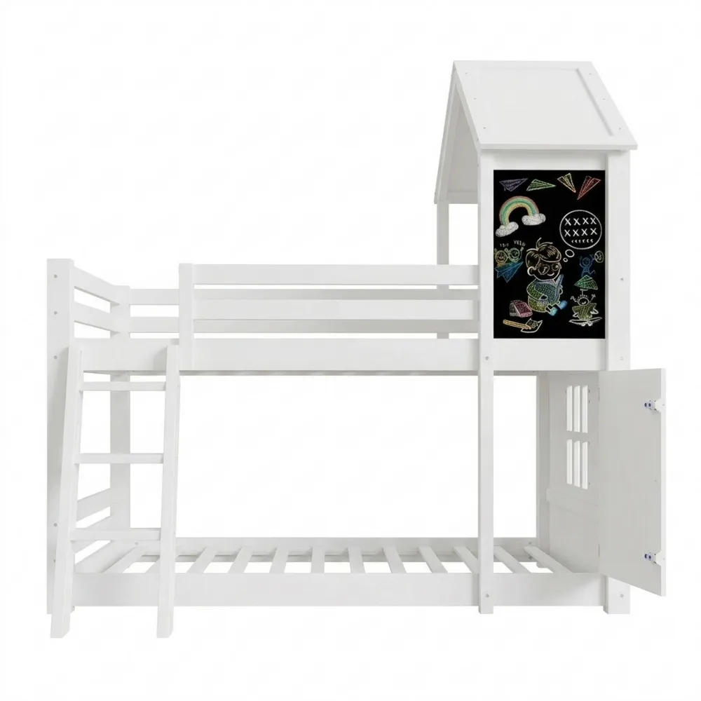 Etagenbett für Kinder mit Fenster und Dach, Hochbett mit Treppe und Rausfallschutz, Weiß