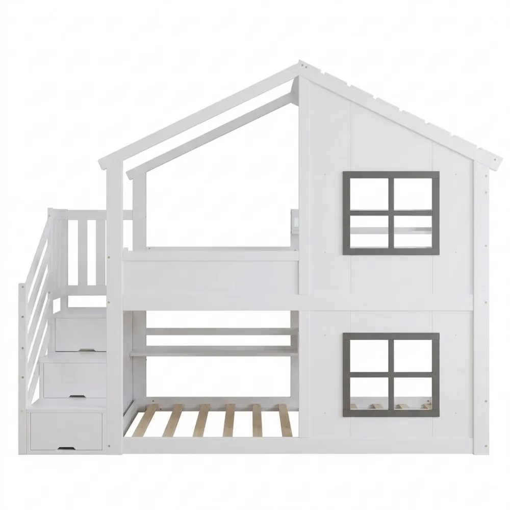 Etagenbett für Kinder mit Stauraum und Dachfenster