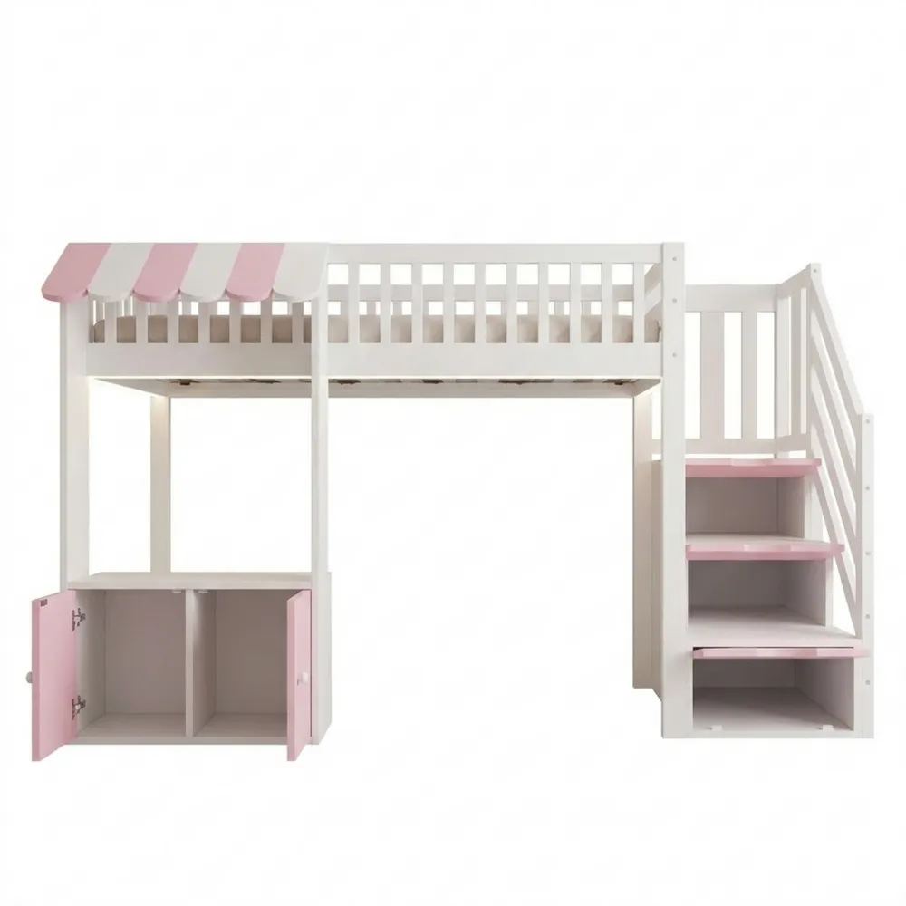 Etagenbett 90x200 mit Stauraum und LED, Kinderbett mit Schrank und Treppe, Tropfen-Design, Pink