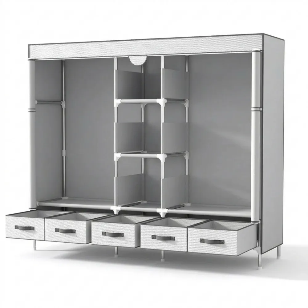 Faltbarer Stoffkleiderschrank mit Schubladen und Kleiderstangen