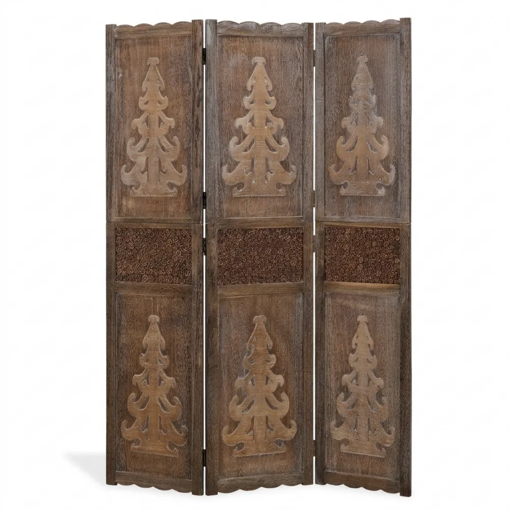 Holz-Paravent 3-teilig mit Ornamenten als Sichtschutz